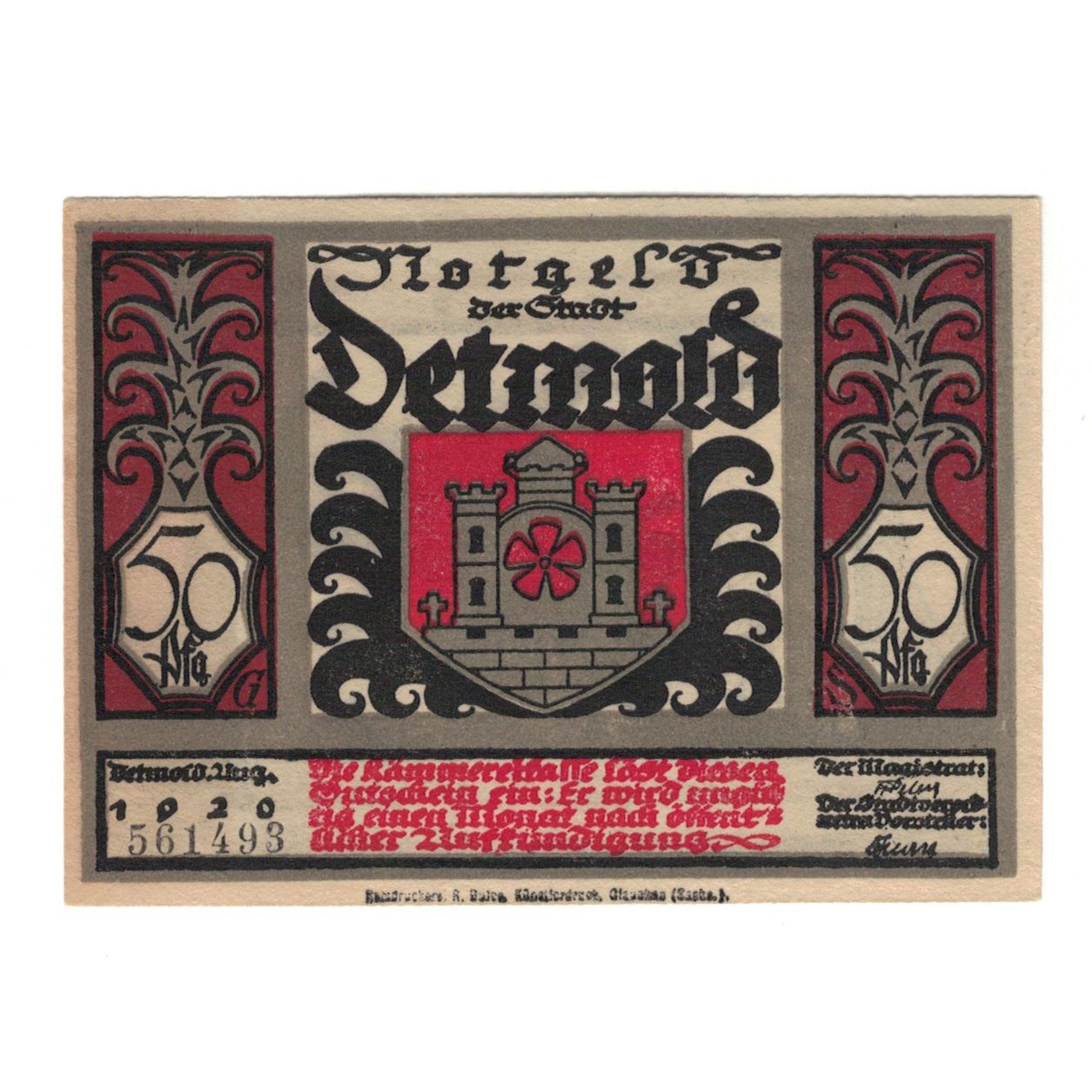 Billete, Alemania, Detmold Stadt, 50 Pfennig, guerrier 1, 1920, 1920-08-01