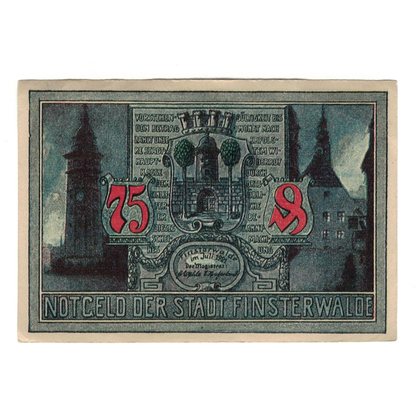 Biljet, Duitsland, Finsterwalde N.L. Stadt, 75 Pfennig, personnage 1, 1921
