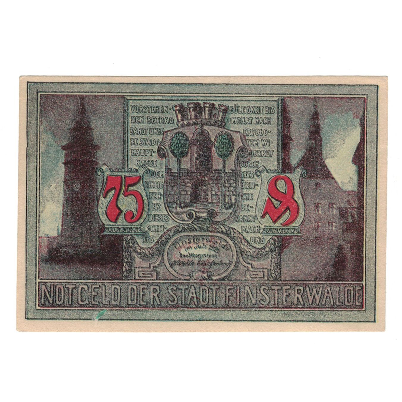 Biljet, Duitsland, Finsterwalde N.L. Stadt, 75 Pfennig, personnage 3, 1921