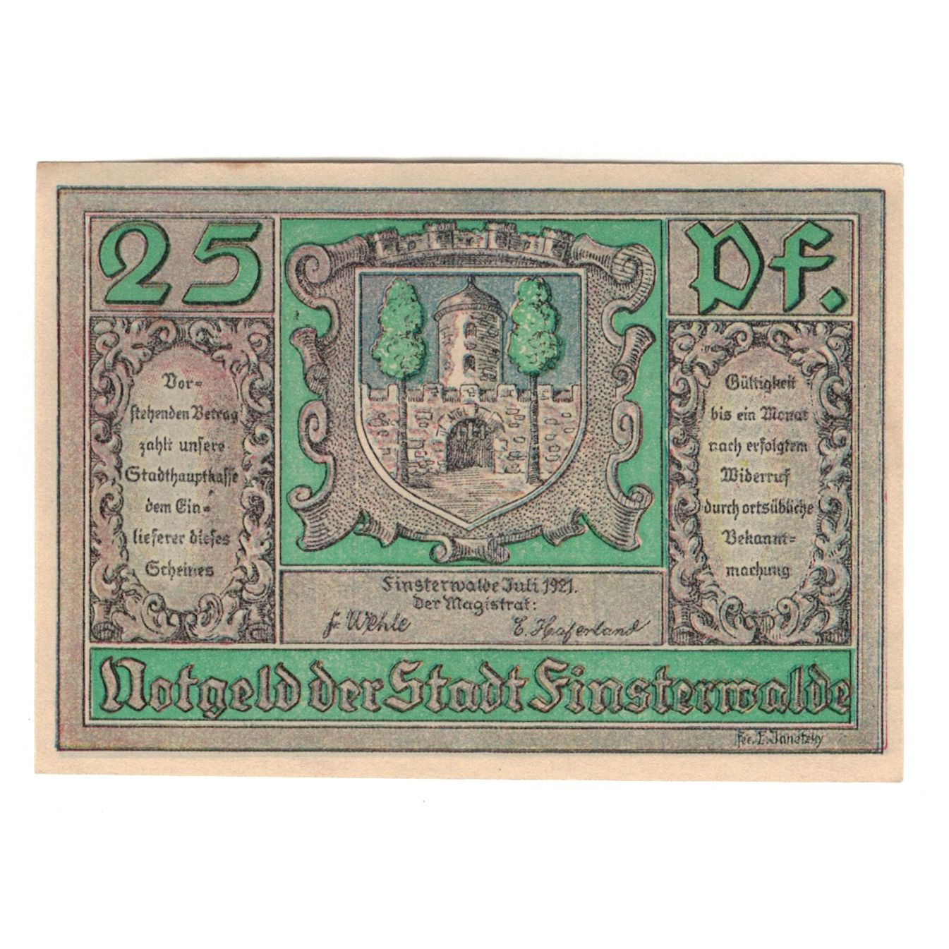 Billete, Alemania, Finsterwalde N.L. Stadt, 25 Pfennig, château, 1921