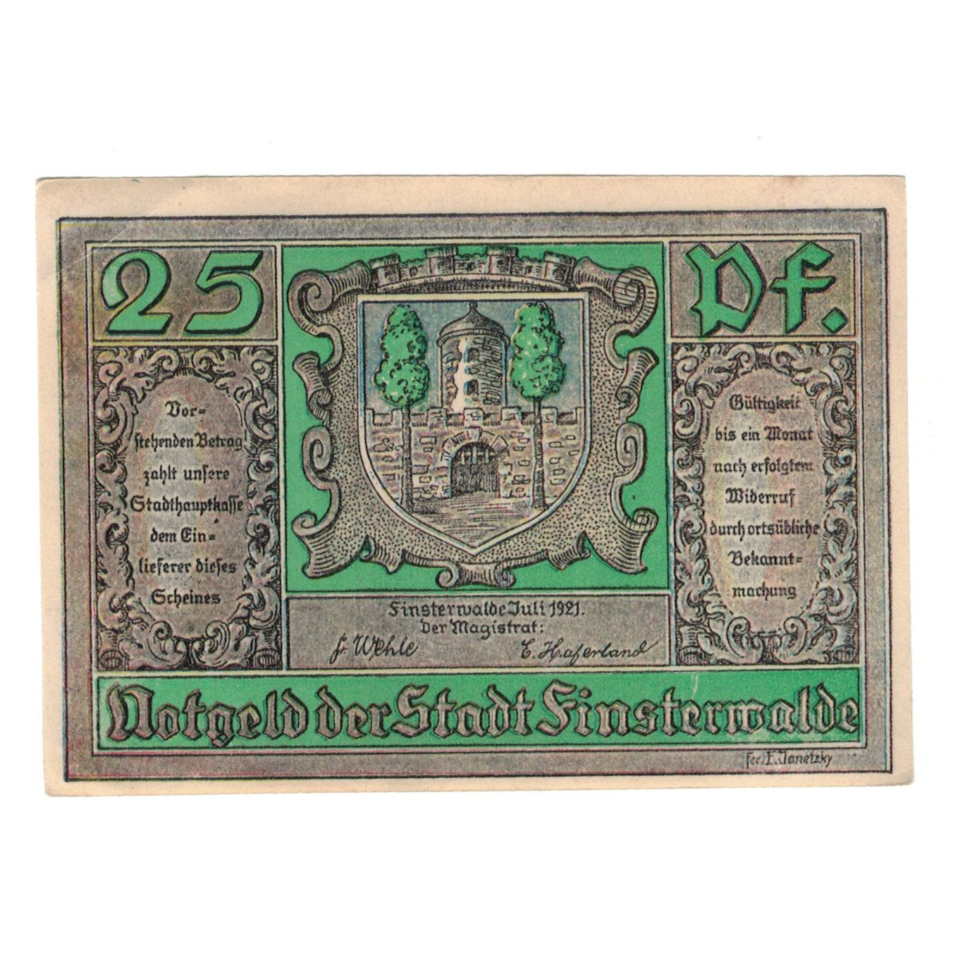 Nota, Alemanha, Finsterwalde N.L. Stadt, 25 Pfennig, chateau 1, 1921