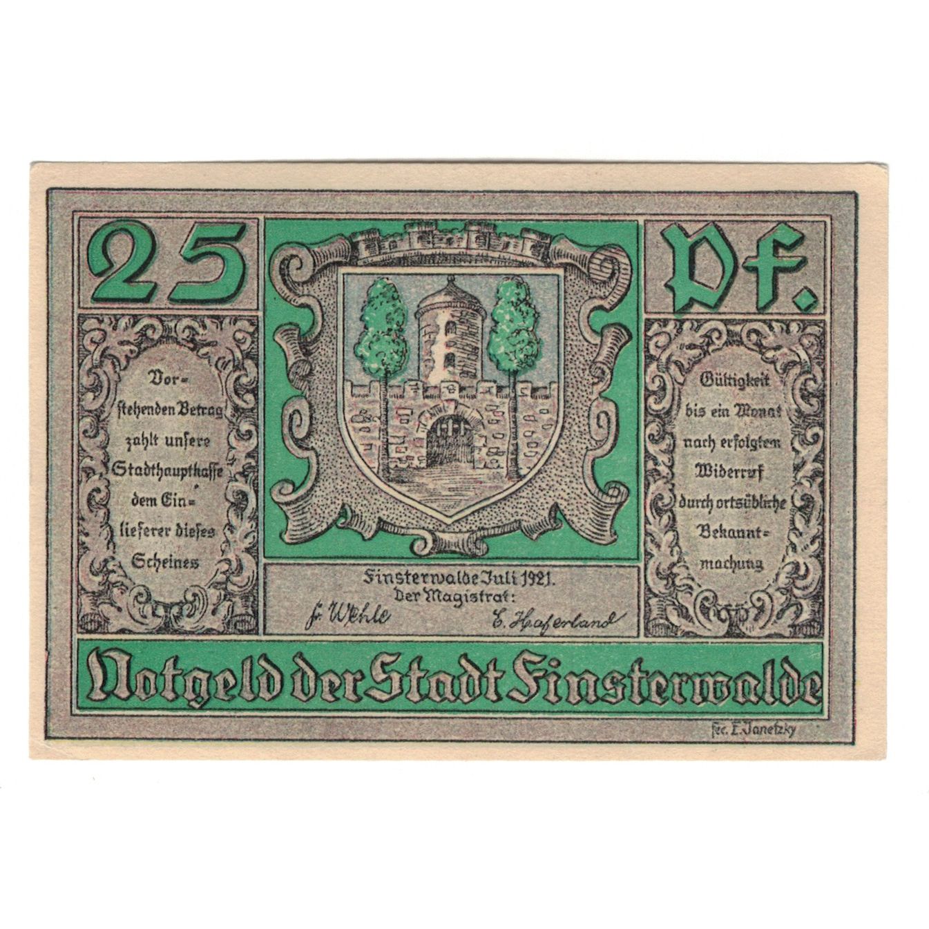 Biljet, Duitsland, Finsterwalde N.L. Stadt, 25 Pfennig, chateau 3, 1921