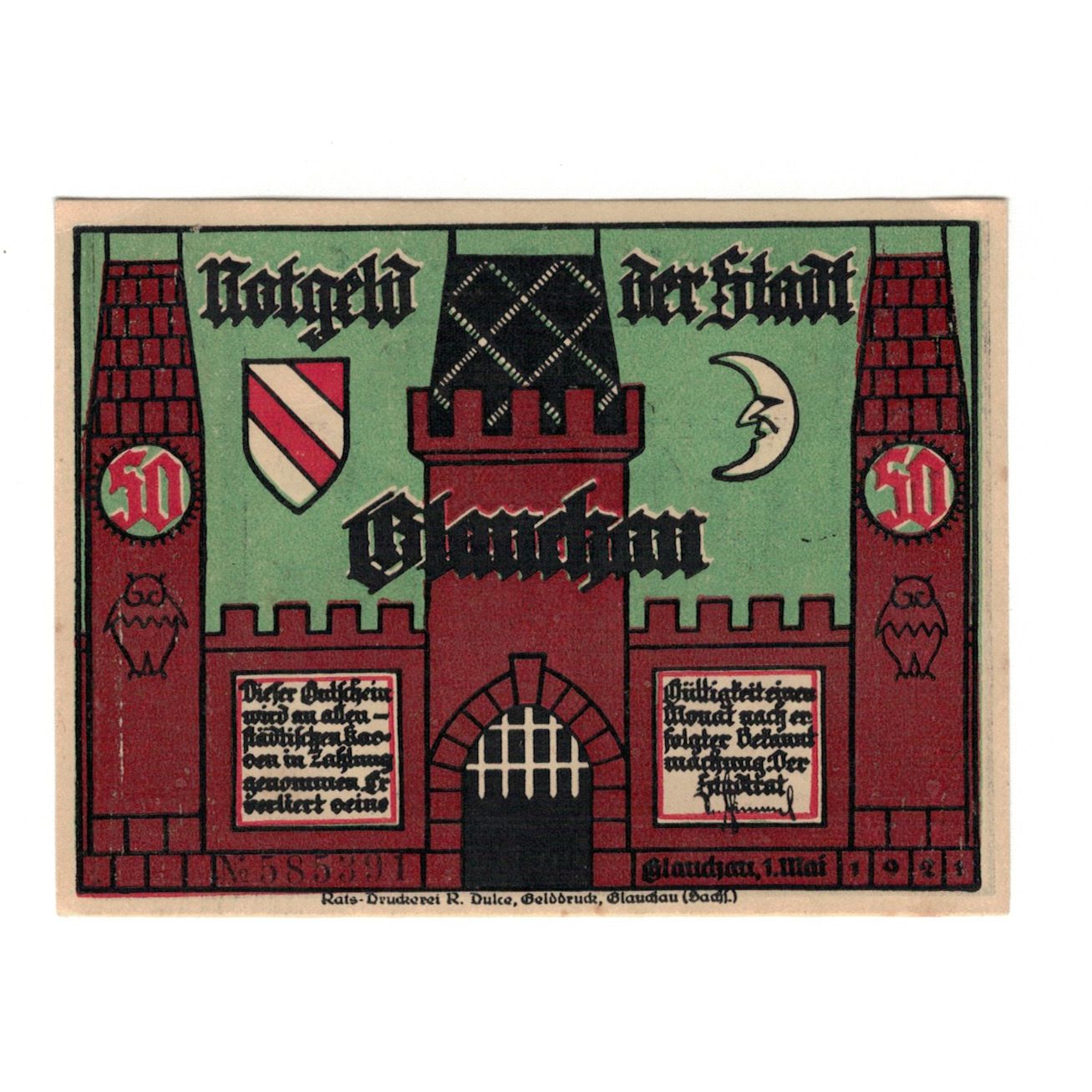 Billete, Alemania, Glauchau Stadt, 50 Pfennig, personnage, 1921, 1921-05-01