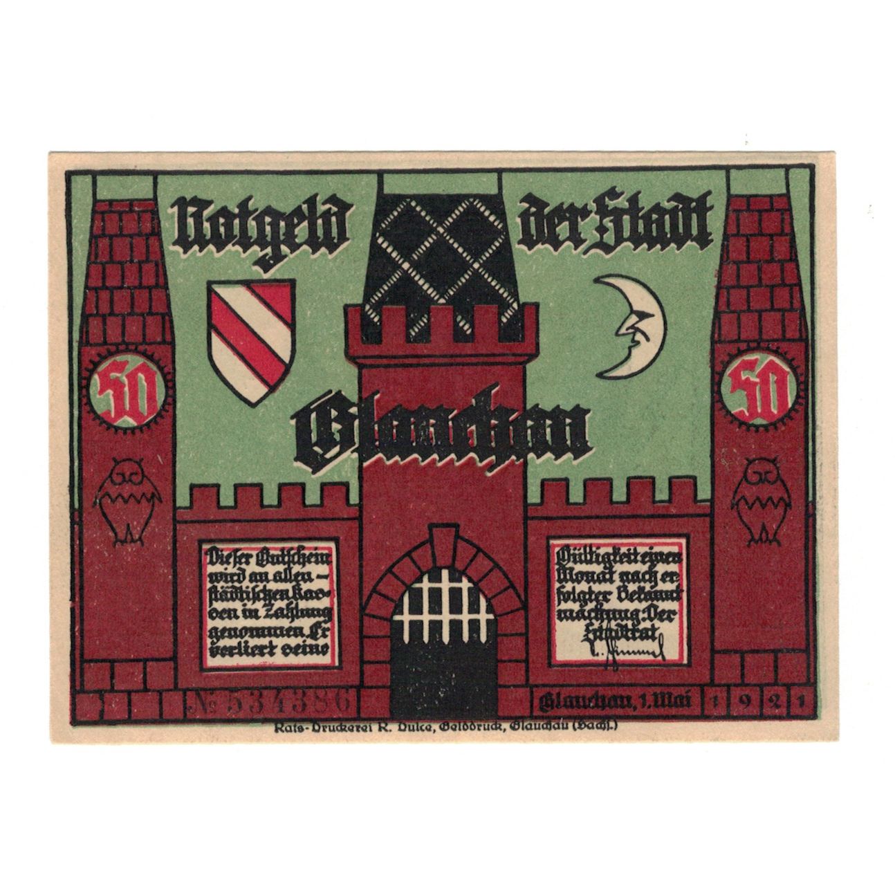 Banknote, Germany, Glauchau Stadt, 50 Pfennig, personnage 1, 1921, 1921-05-01