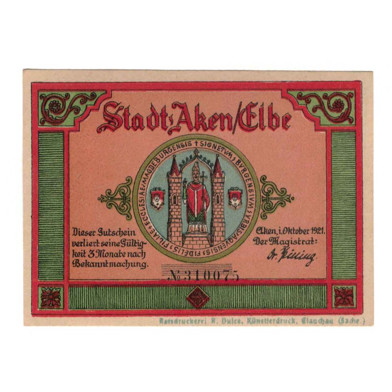 Nota, Alemanha, Aken Stadt, 25 Pfennig, village 1, 1921, 1921-10-01, UNC(60-62)