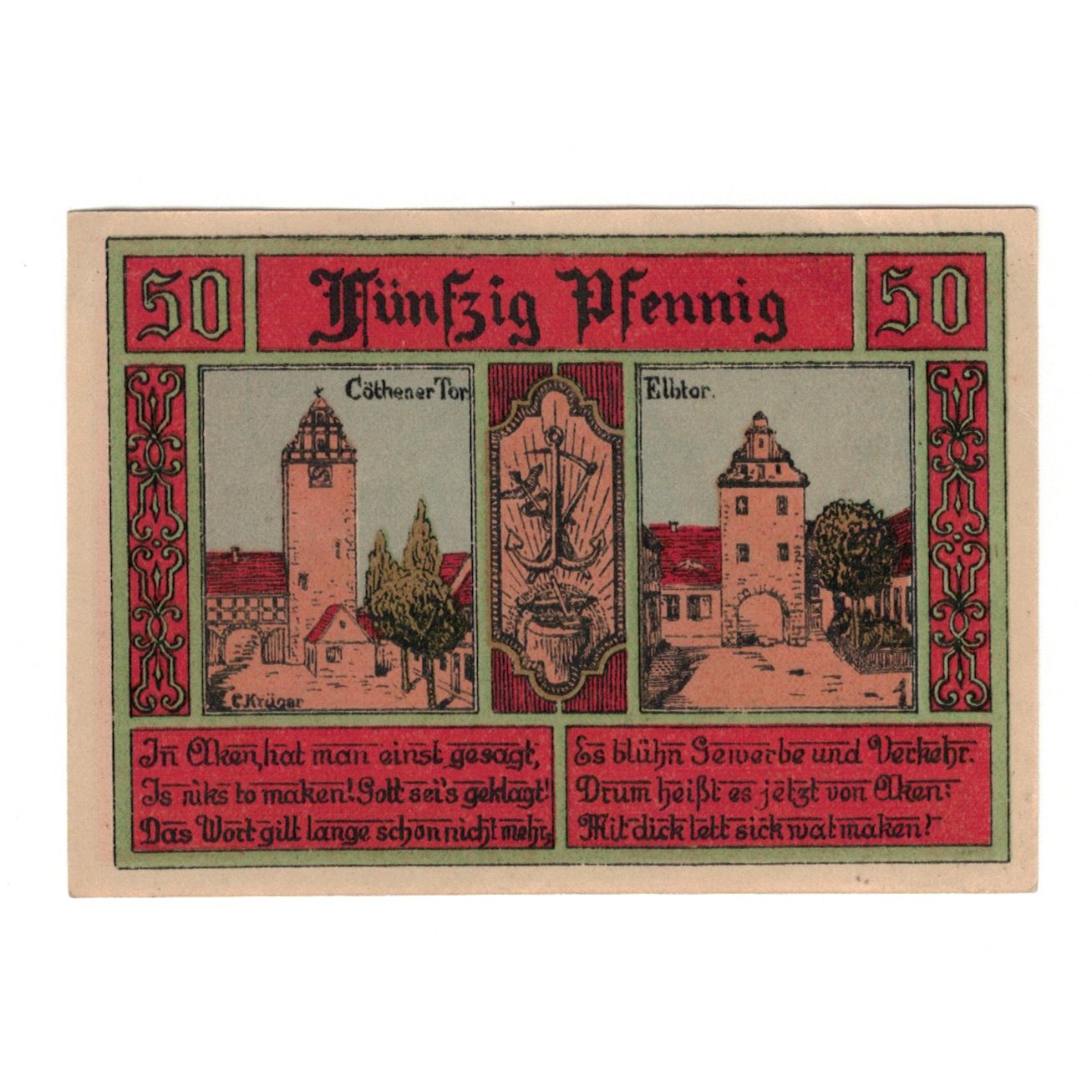 Banknote, Germany, Aken Stadt, 50 Pfennig, Monument, 1921, 1921-10-01