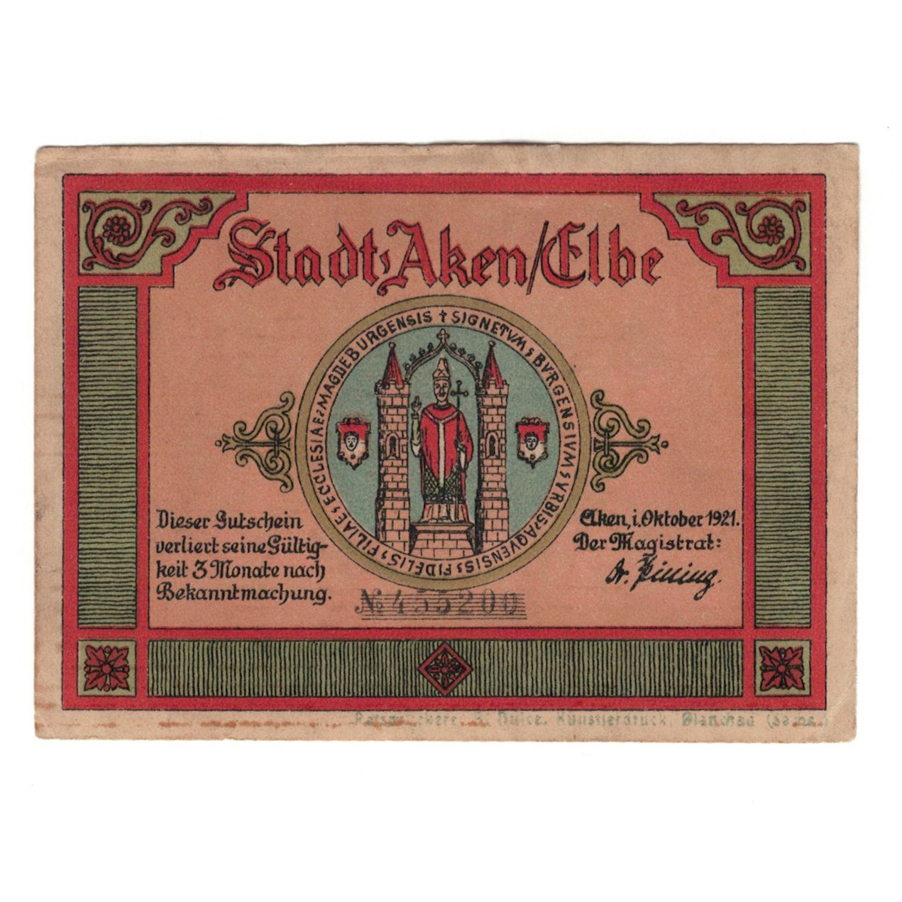 Nota, Alemanha, Aken Stadt, 50 Pfennig, monument 1, 1921, 1921-10-01