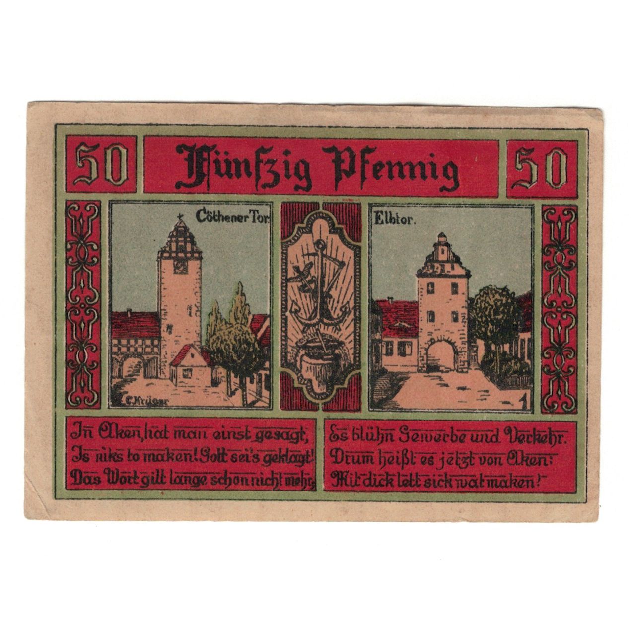 Nota, Alemanha, Aken Stadt, 50 Pfennig, monument 1, 1921, 1921-10-01