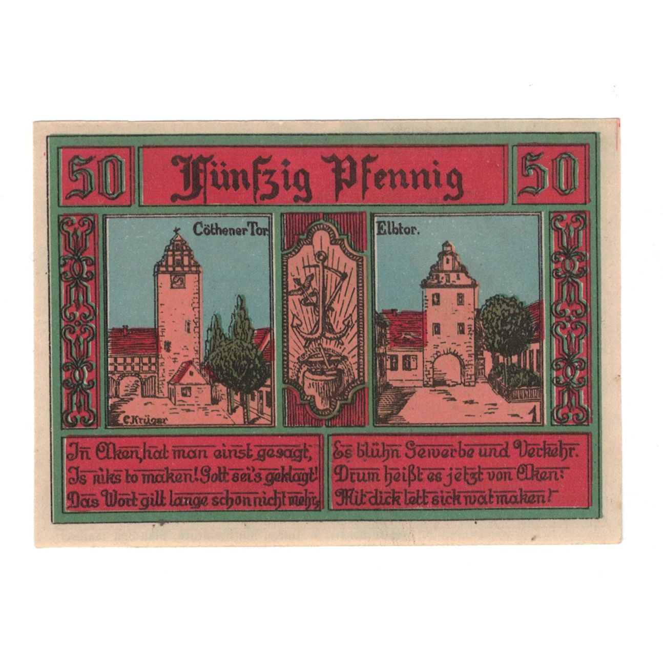 Banknote, Germany, Aken Stadt, 50 Pfennig, monument 2, 1921, 1921-10-01