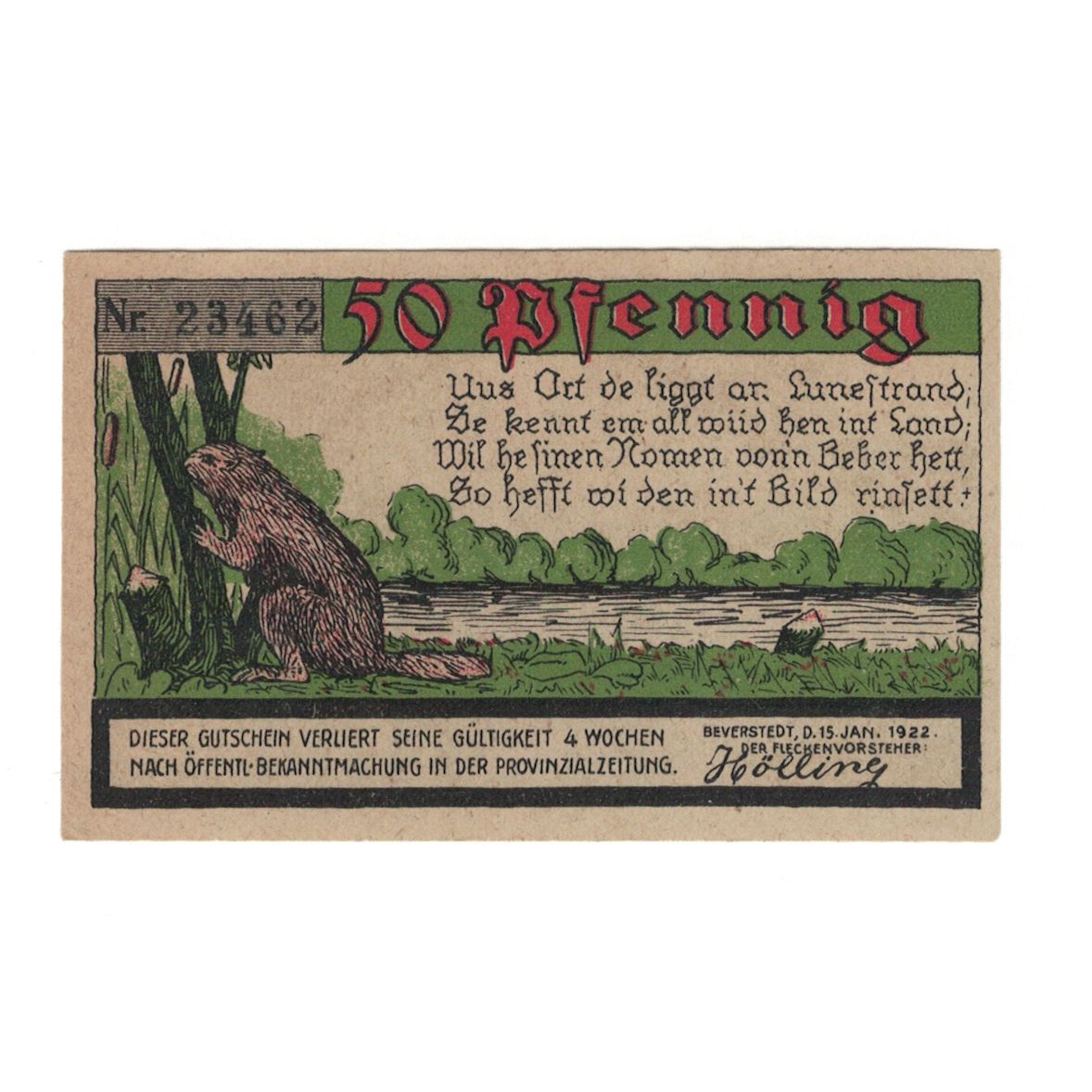 Banknote, Germany, Beverstedt Gemeinde, 50 Pfennig, Animaux, 1922, 1922-01-15