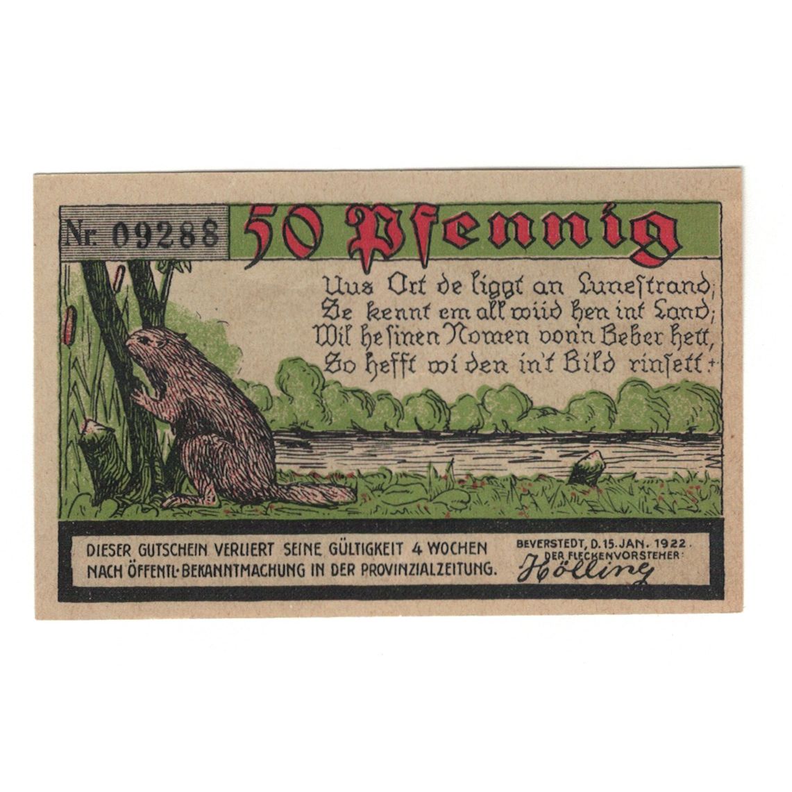 Banknote, Germany, Beverstedt Gemeinde, 50 Pfennig, animaux 1, 1922, 1922-01-15