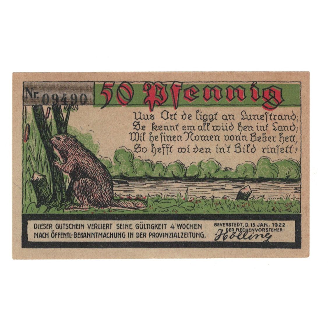 Banknote, Germany, Beverstedt Gemeinde, 50 Pfennig, animaux 2, 1922, 1922-01-15