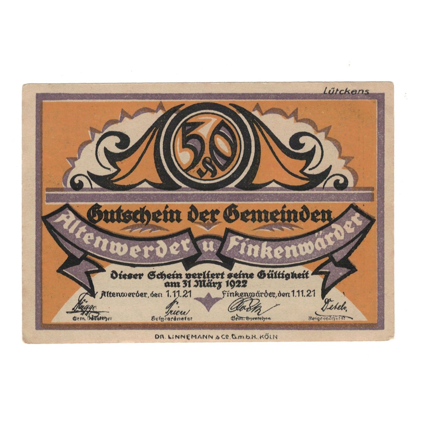 Nota, Alemanha, Altenwerder und Finkenwärder Gemeinden, 50 Pfennig, Animaux