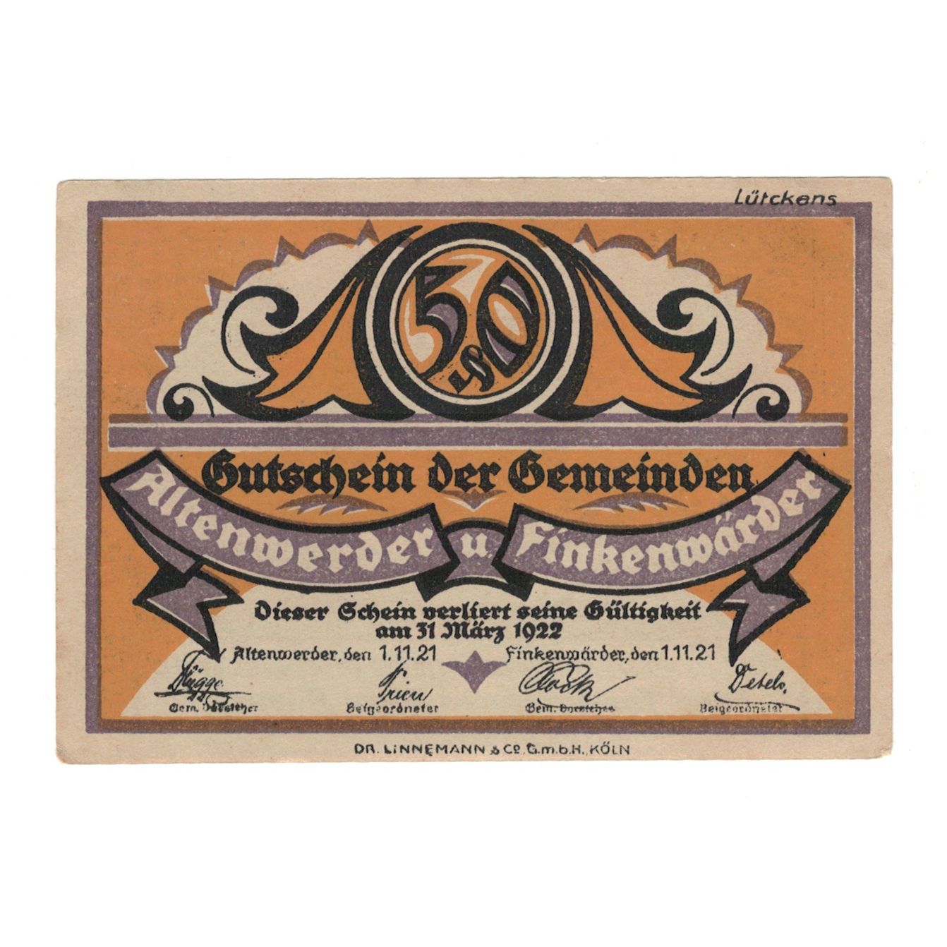 Nota, Alemanha, Altenwerder und Finkenwärder Gemeinden, 50 Pfennig, Animaux
