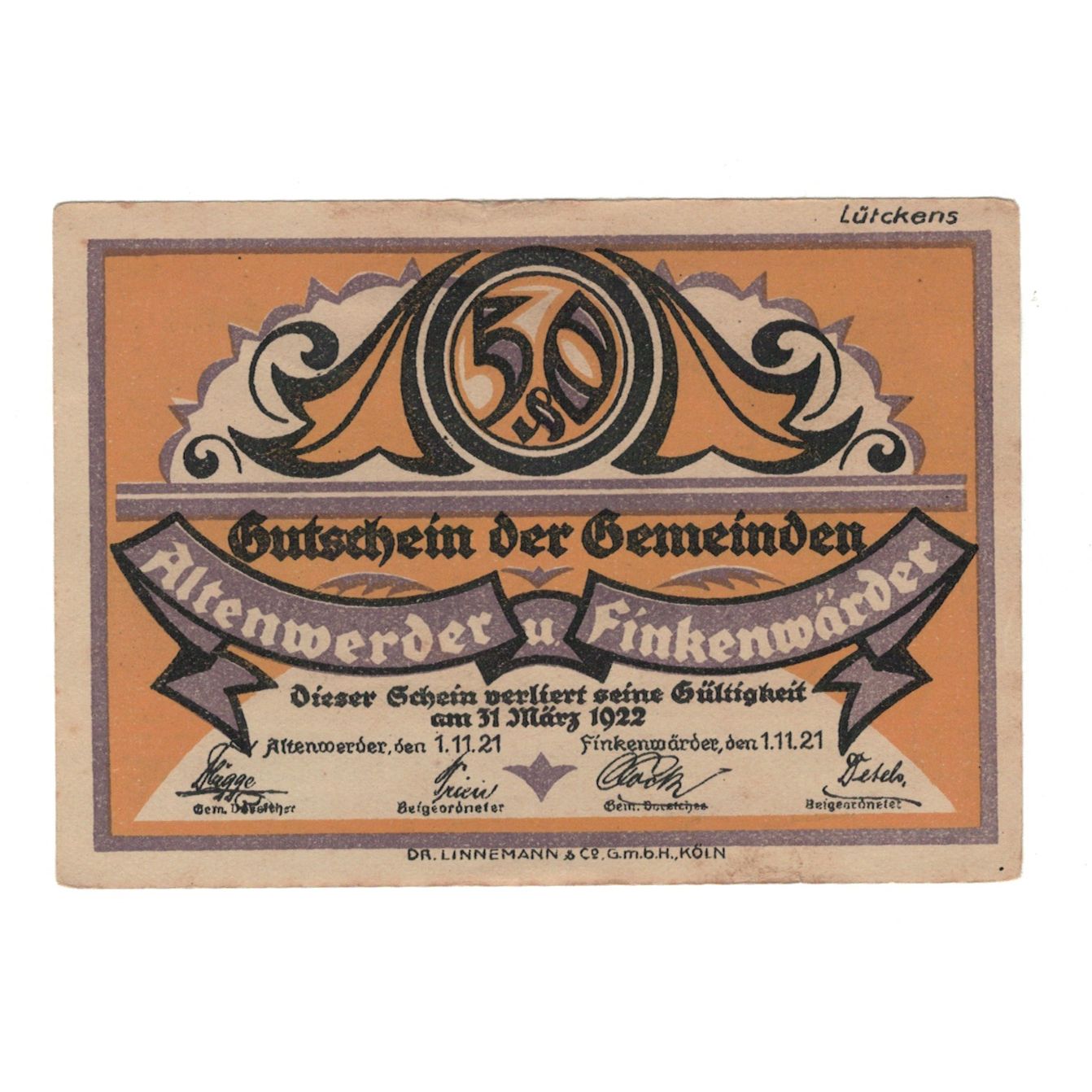 Biljet, Duitsland, Altenwerder und Finkenwärder Gemeinden, 50 Pfennig, lac