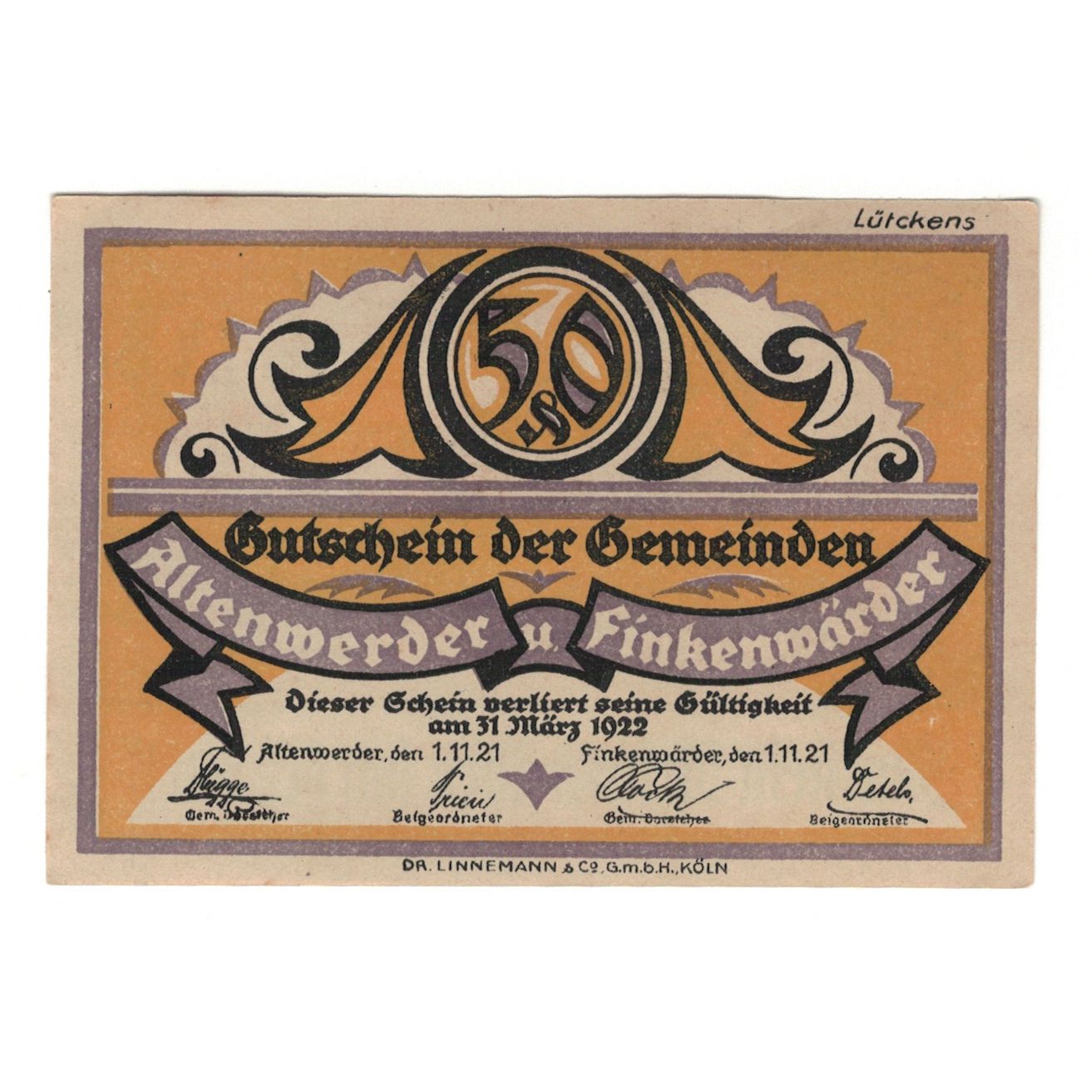 Banknote, Germany, Altenwerder und Finkenwärder Gemeinden, 50 Pfennig, mains