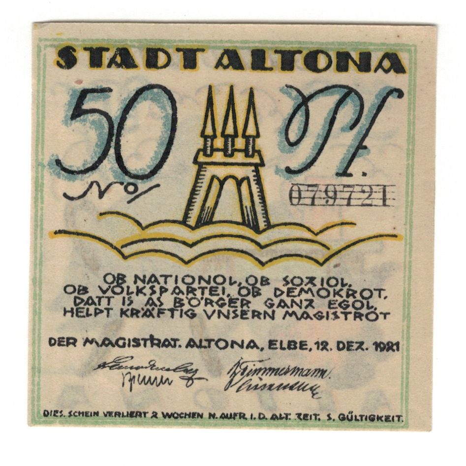 Banconote, Germania, Altona Stadt, 50 Pfennig, personnage, 1921, 1921-12-12