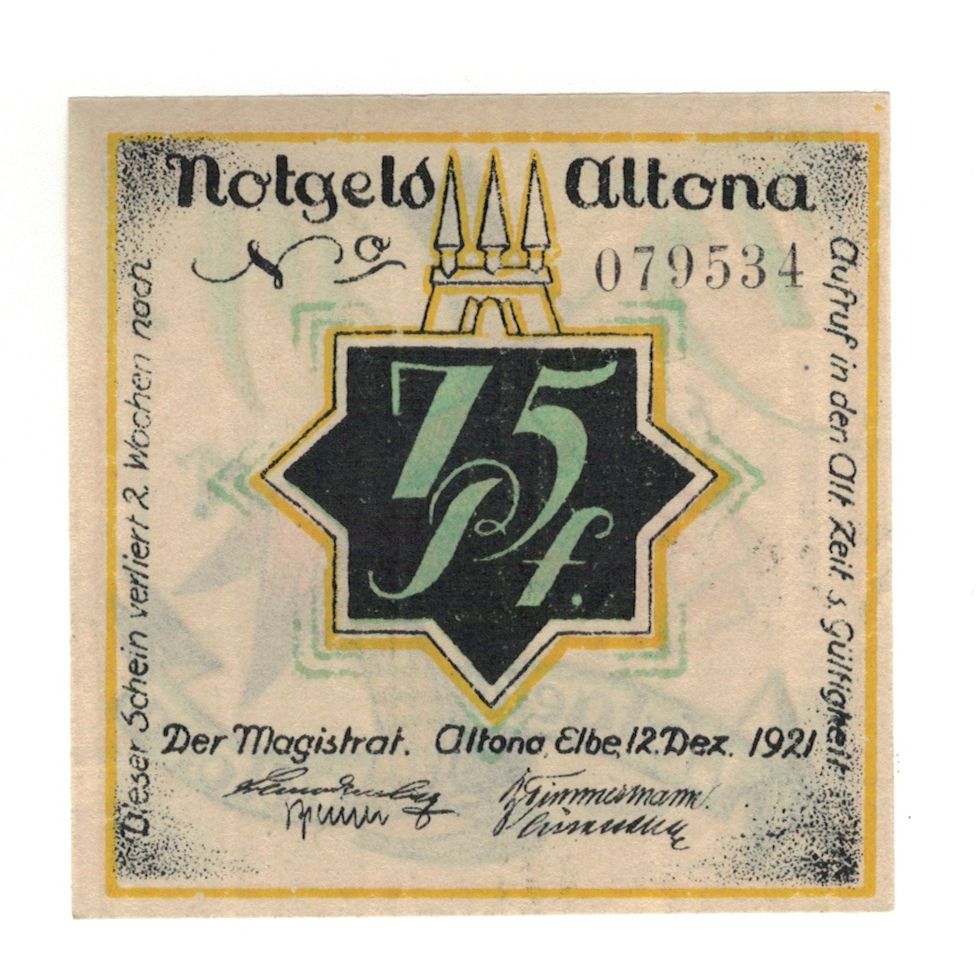 Banconote, Germania, Altona Stadt, 75 Pfennig, personnage, 1921, 1921-12-12