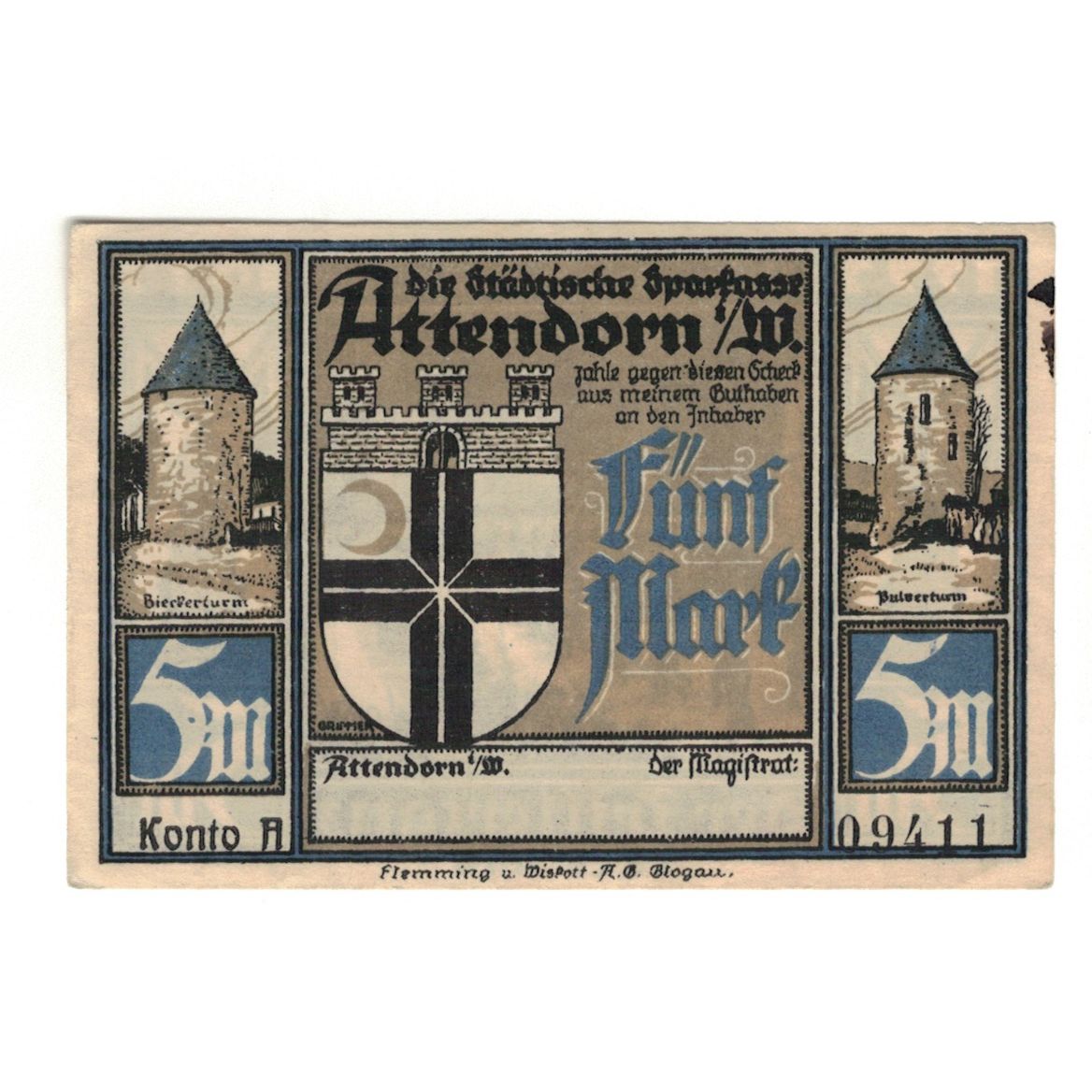 Banknote, Germany, Attendorn Magistrat, 5 Mark, château, 1922, UNC(60-62)