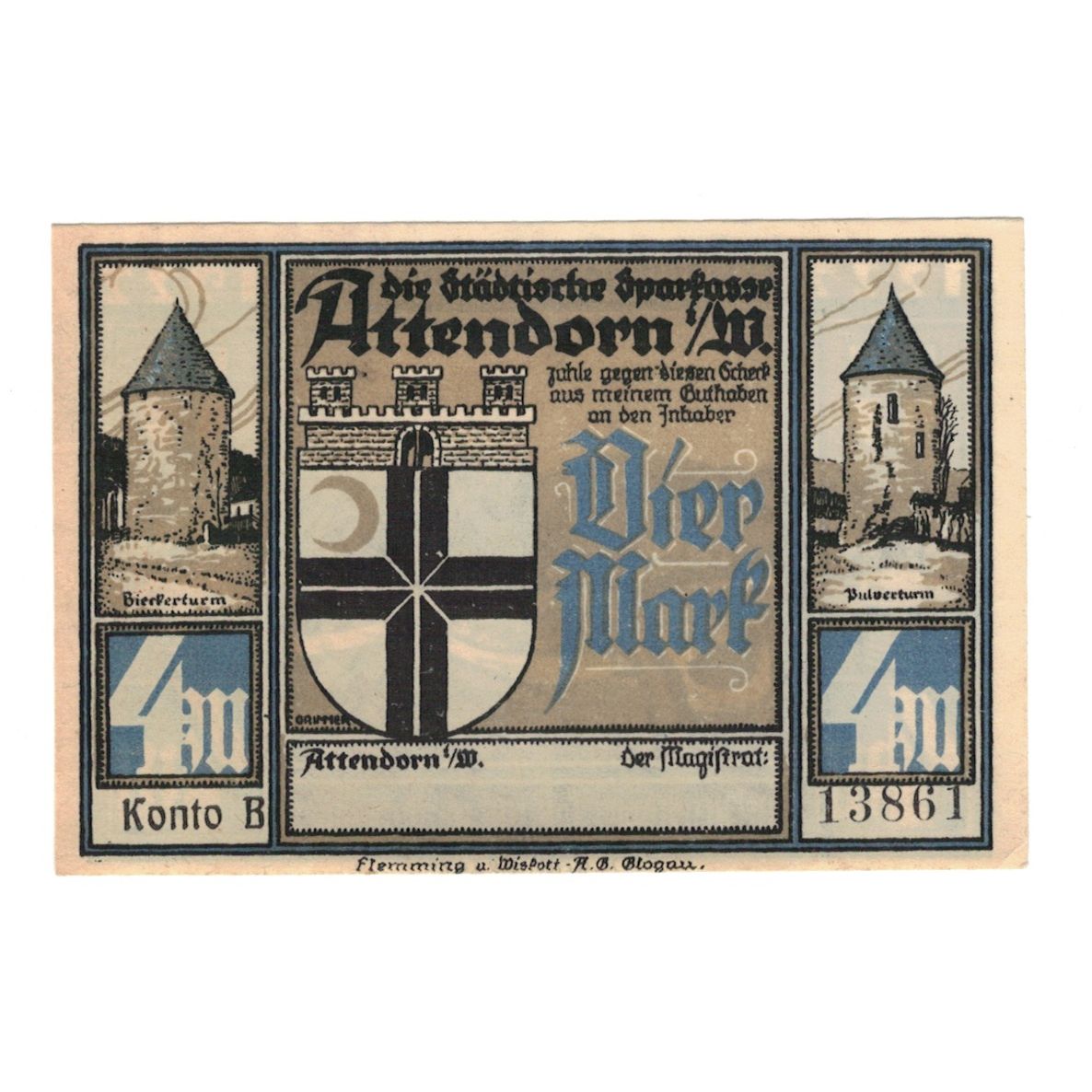 Banknote, Germany, Attendorn Magistrat, 4 Mark, château, 1922, UNC(60-62)