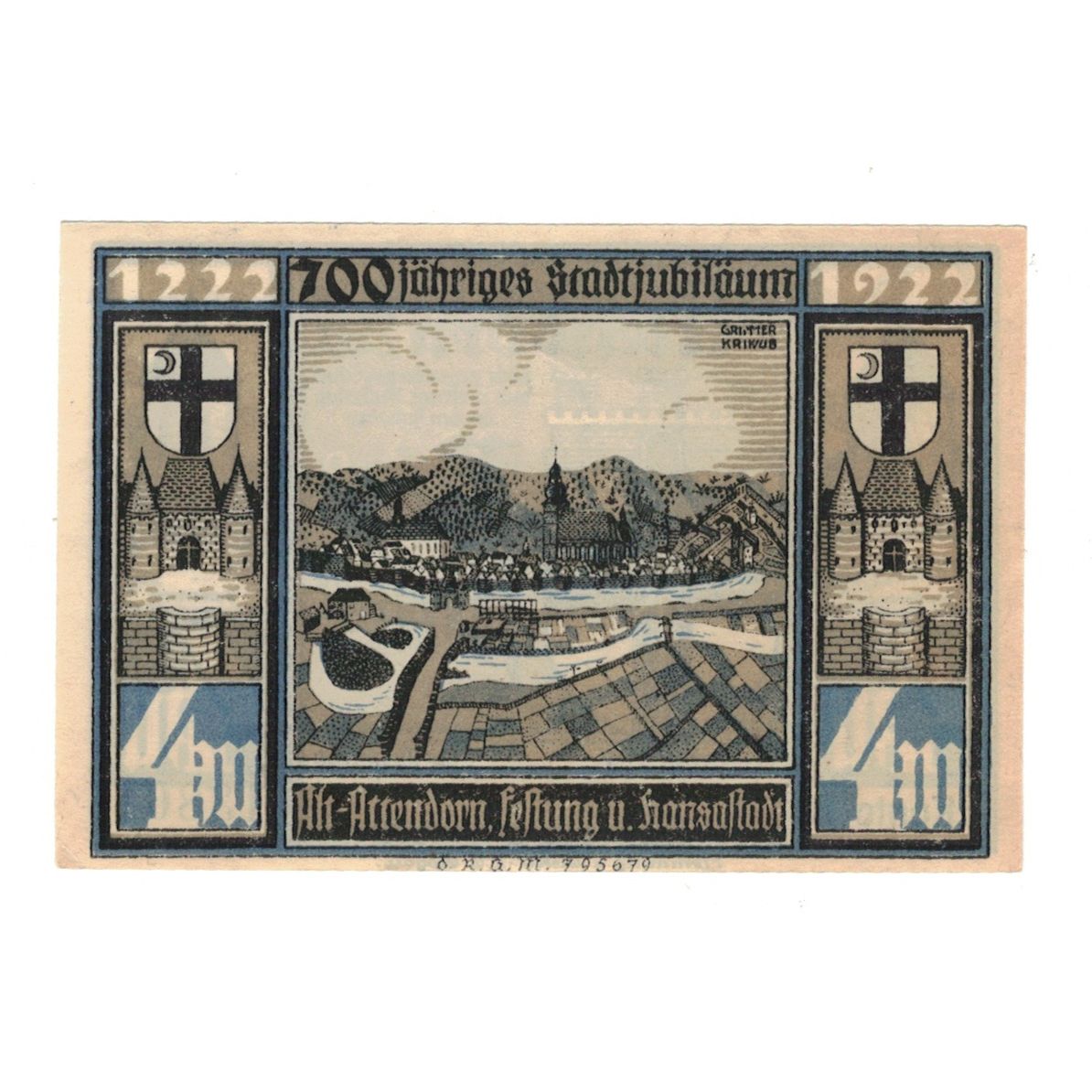 Banknote, Germany, Attendorn Magistrat, 4 Mark, château, 1922, UNC(60-62)