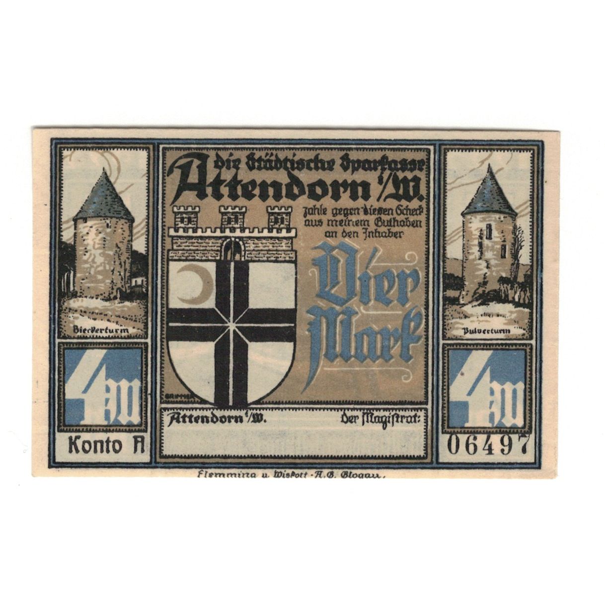 Banknote, Germany, Attendorn Magistrat, 4 Mark, chateau 1, 1922, UNC(60-62)