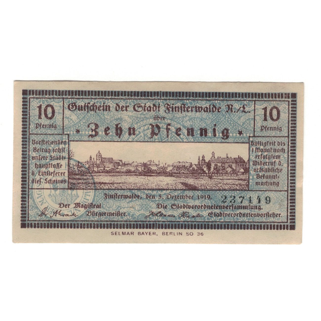 Banknote, Germany, Finsterwalde N.L. Stadt, 10 Pfennig, village, 1919