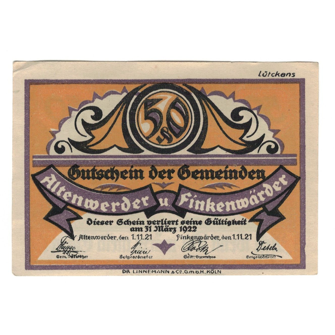 Geldschein, Deutschland, Altenwerder und Finkenwärder Gemeinden, 50 Pfennig