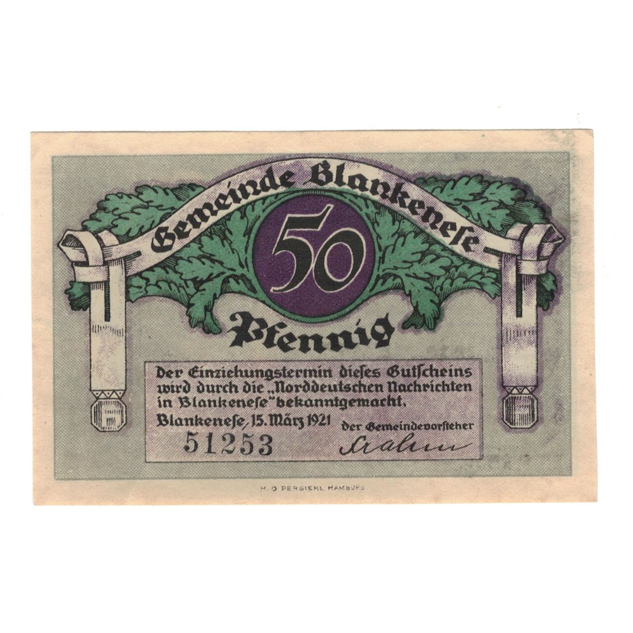Biljet, Duitsland, Blankenese Gemeindesparkasse, 50 Pfennig, valeur faciale