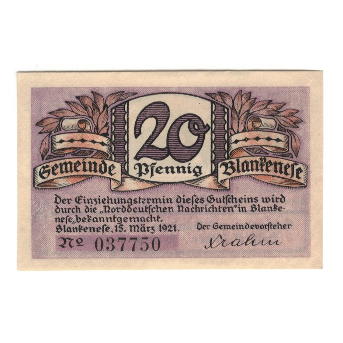 Billet, Allemagne, Blankenese Gemeindesparkasse, 20 Pfennig, valeur faciale
