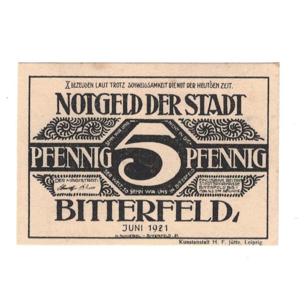 Billete, Alemania, Bitterfeld Stadt, 5 Pfennig, valeur faciale 1, 1921