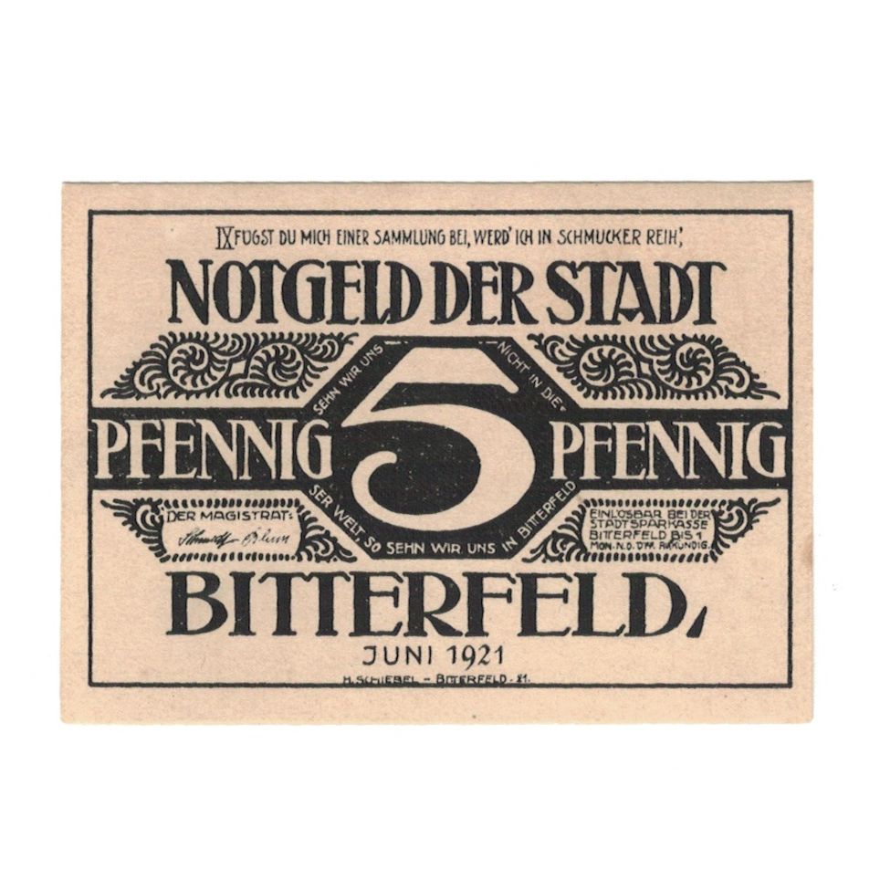 Banknote, Germany, Bitterfeld Stadt, 5 Pfennig, valeur faciale 4, 1921