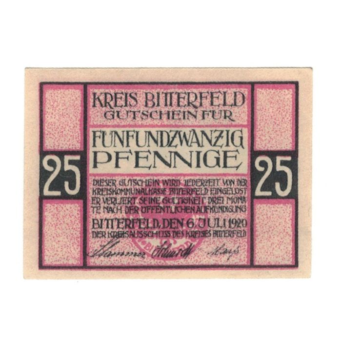 Biljet, Duitsland, Bitterfeld Stadt, 25 Pfennig, paysage 1, 1920, 1920-07-06