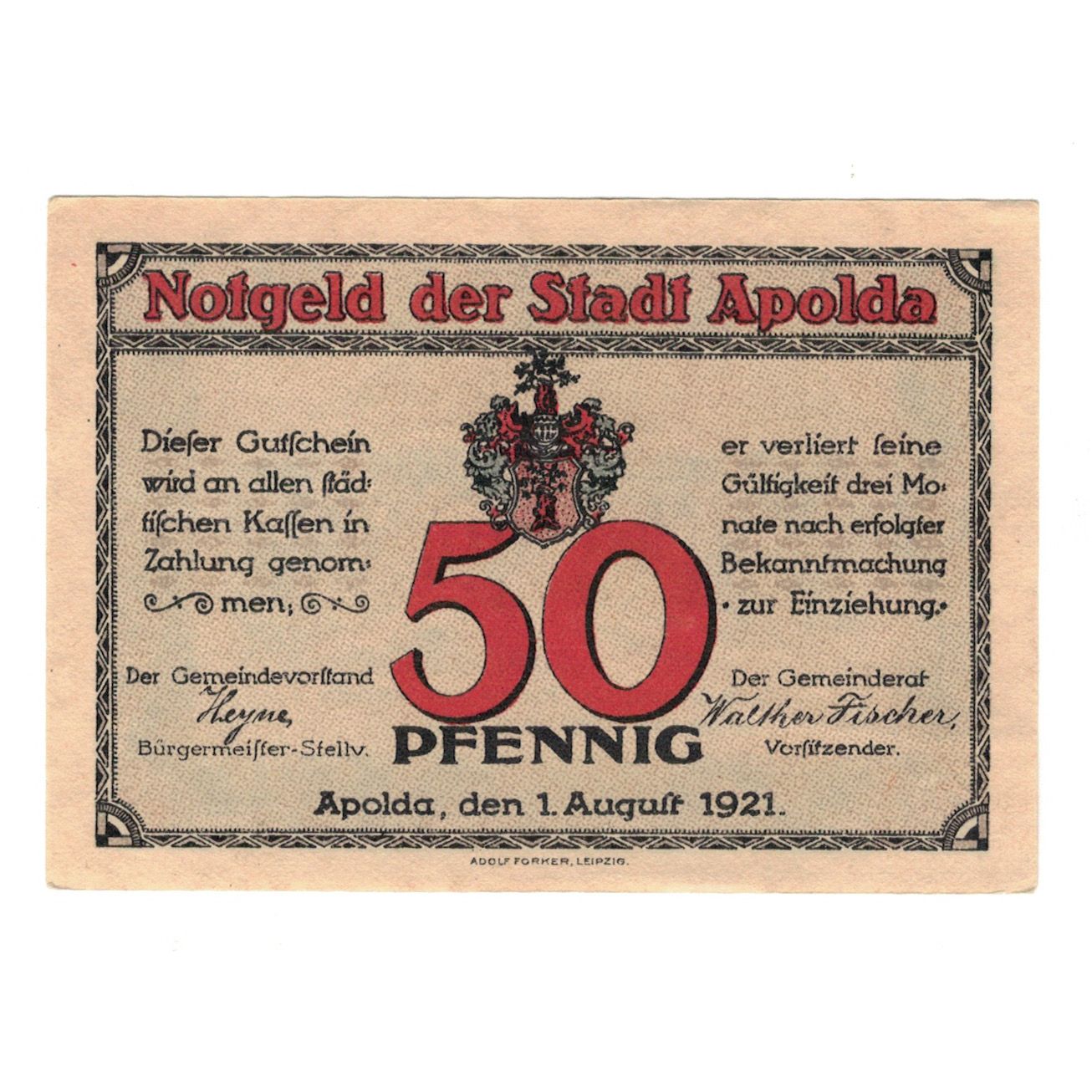 Nota, Alemanha, Apolda Stadt, 50 Pfennig, pont, 1921, 1921-08-01, AU(55-58)