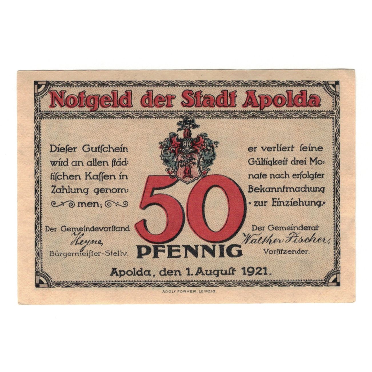 Biljet, Duitsland, Apolda Stadt, 50 Pfennig, machine à tisser, 1921