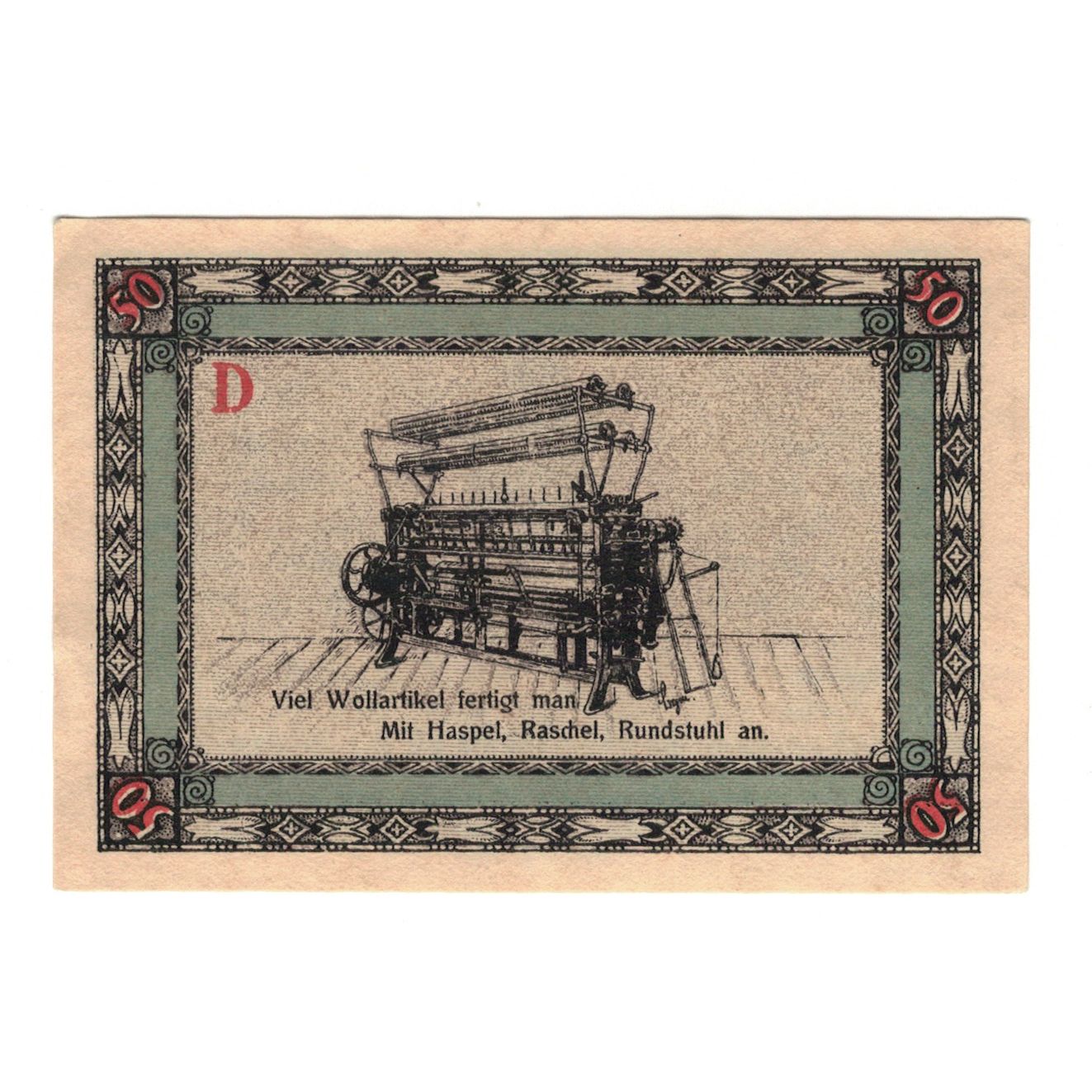Biljet, Duitsland, Apolda Stadt, 50 Pfennig, machine à tisser, 1921