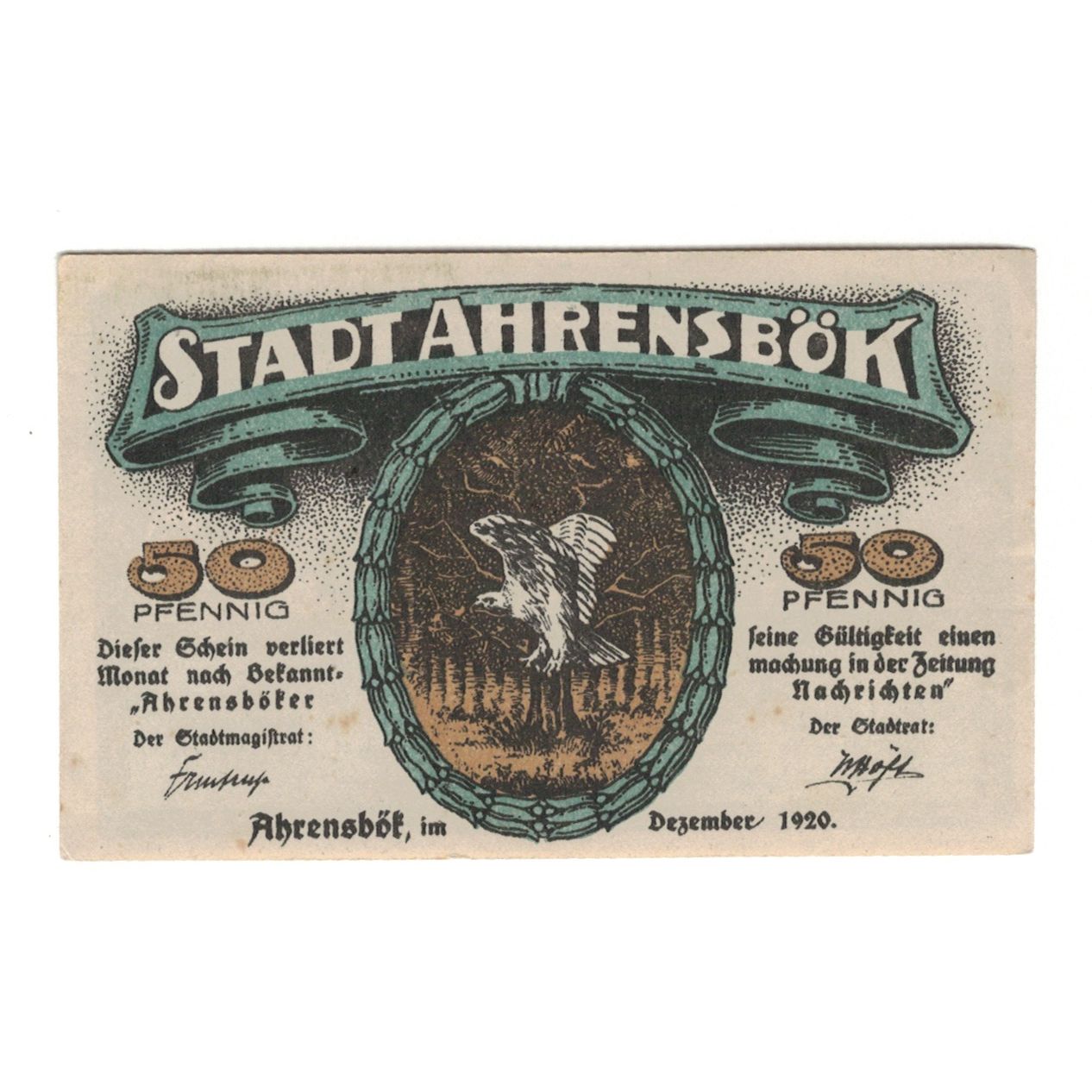 Banknote, Germany, Ahrensbök Stadt, 50 Pfennig, oiseau, 1920, AU(55-58)