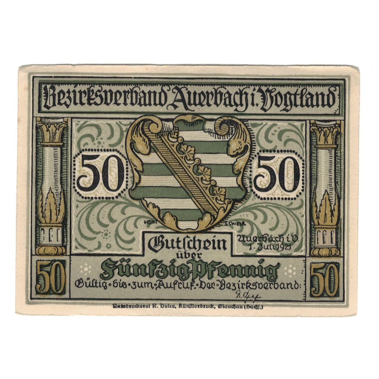 Billet, Allemagne, Auerbach Amtshauptmannschaft, 50 Pfennig, Blason, 1921