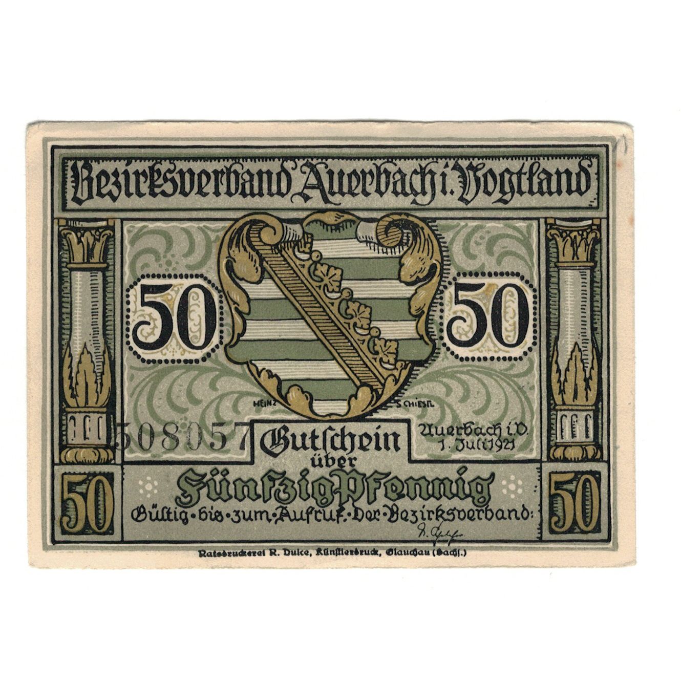 Billet, Allemagne, Auerbach Amtshauptmannschaft, 50 Pfennig, Blason, 1921