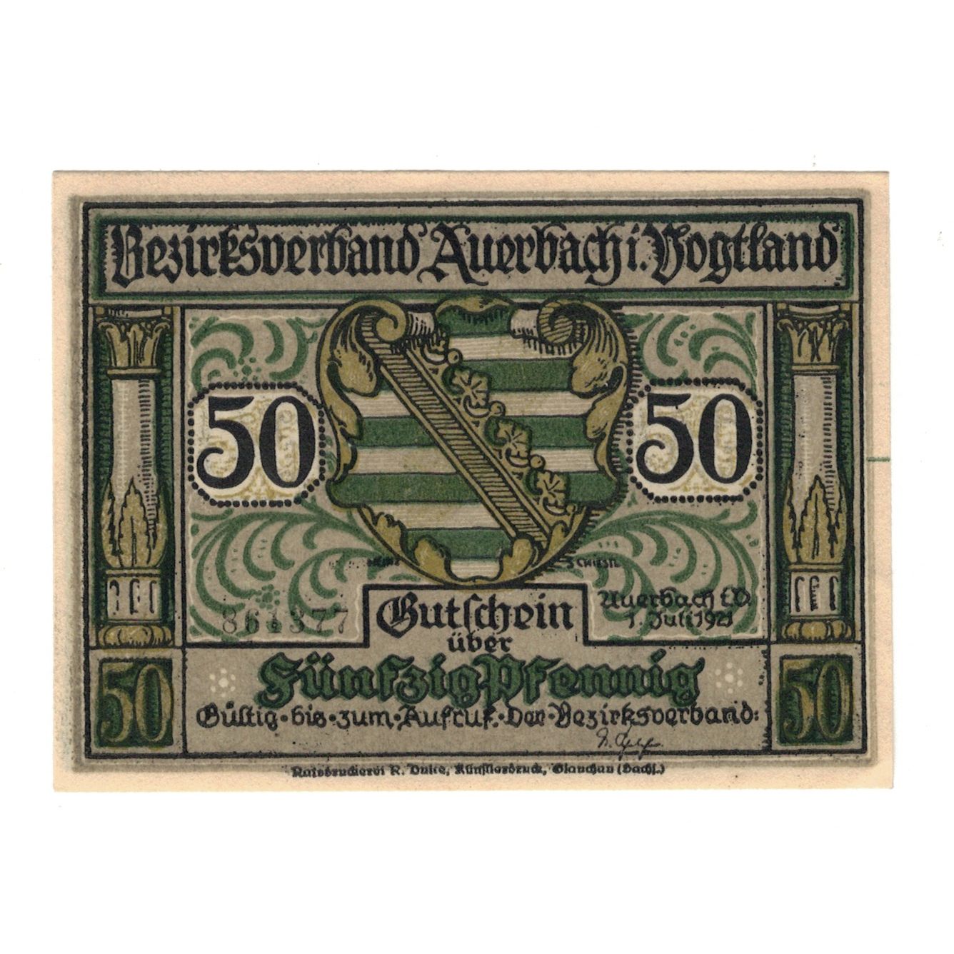 Nota, Alemanha, Auerbach Amtshauptmannschaft, 50 Pfennig, Blason 1, 1921