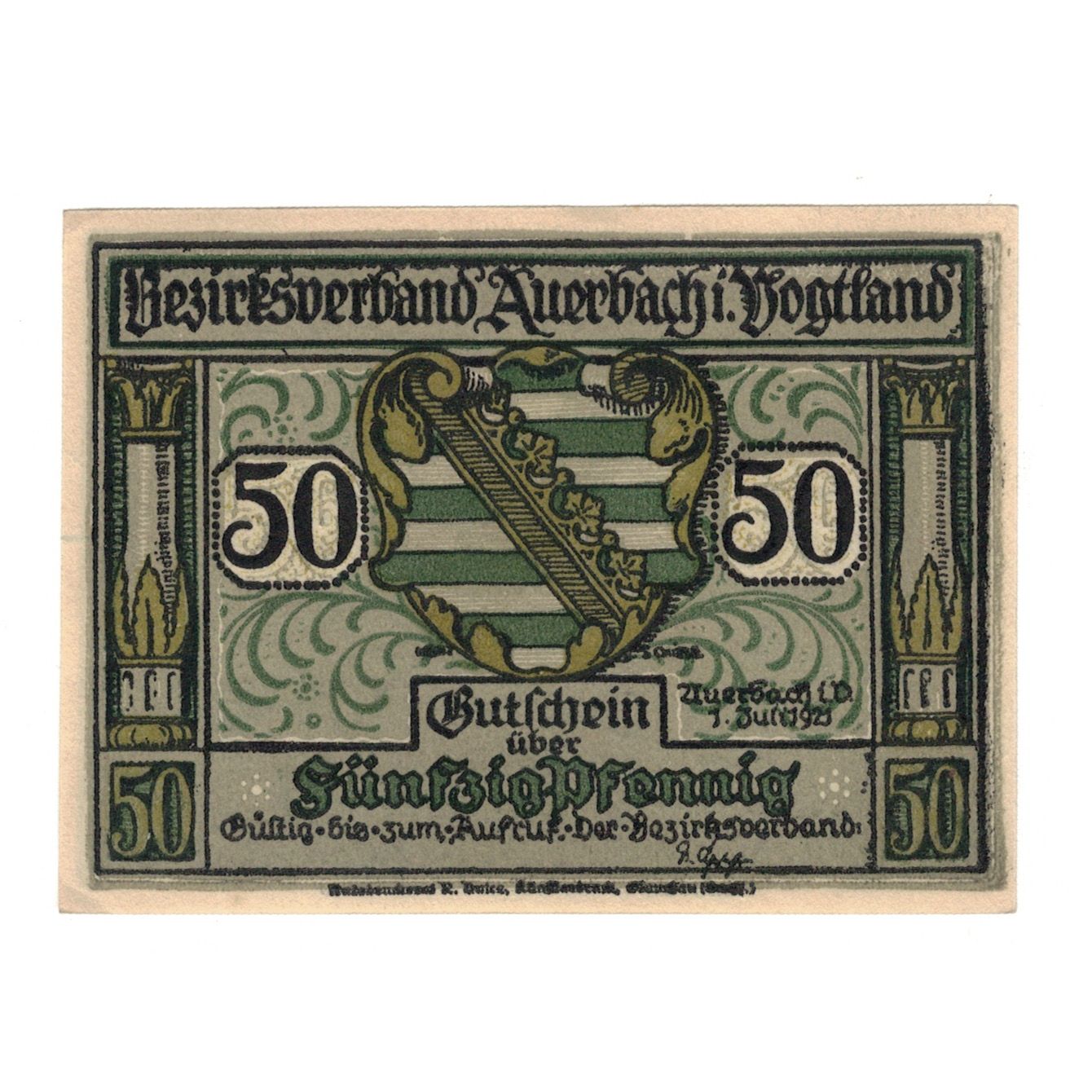 Nota, Alemanha, Auerbach Amtshauptmannschaft, 50 Pfennig, Blason 1, 1921