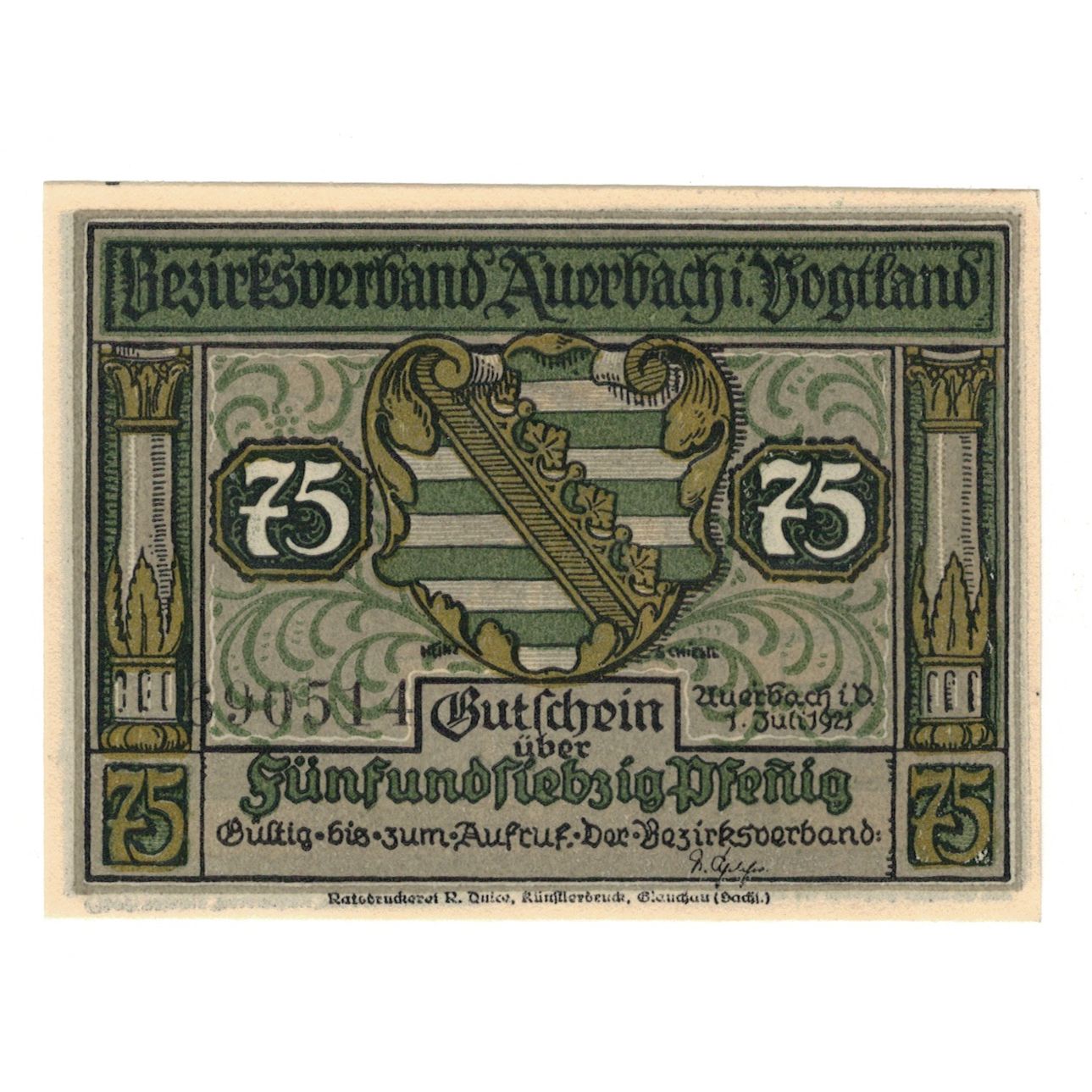 Banknote, Germany, Auerbach Amtshauptmannschaft, 75 Pfennig, personnage 4, 1921