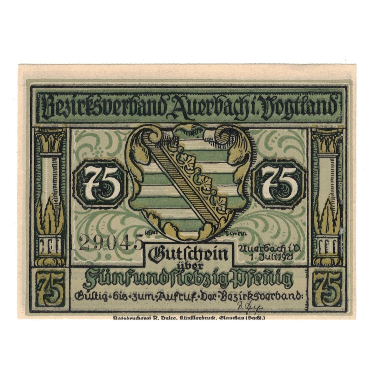 Nota, Alemanha, Auerbach Amtshauptmannschaft, 75 Pfennig, personnage 5, 1921