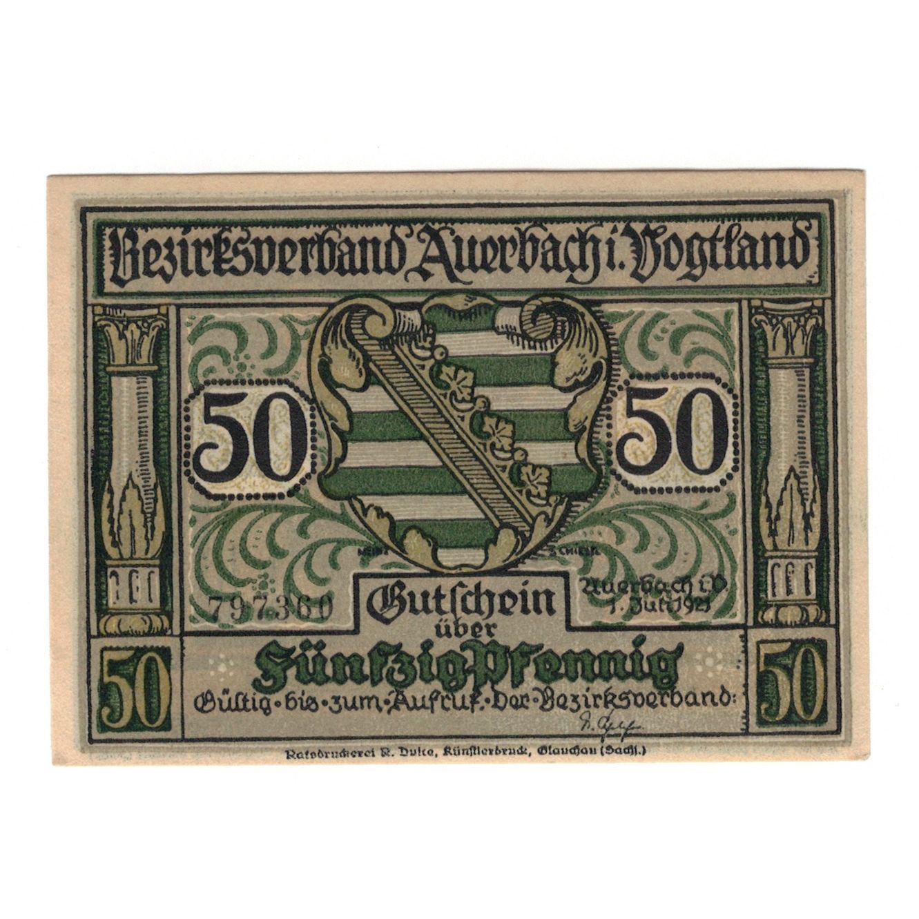 Billet, Allemagne, Auerbach Amtshauptmannschaft, 50 Pfennig, personnage 2, 1921