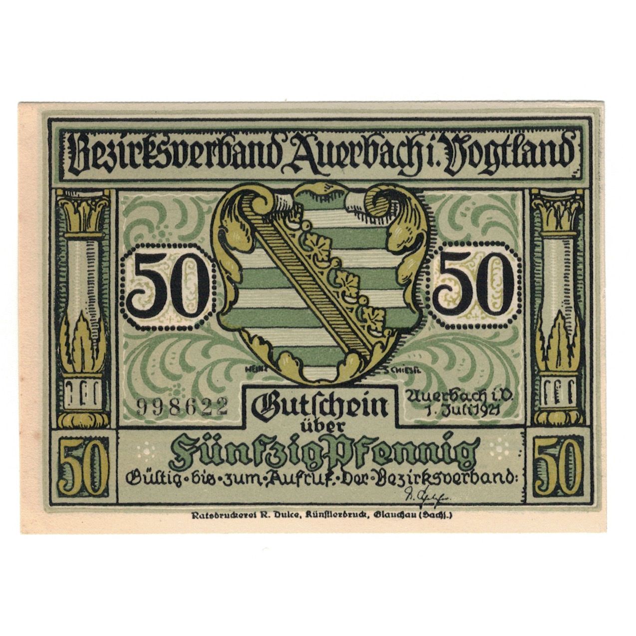Banknote, Germany, Auerbach Amtshauptmannschaft, 50 Pfennig, personnage 5, 1921