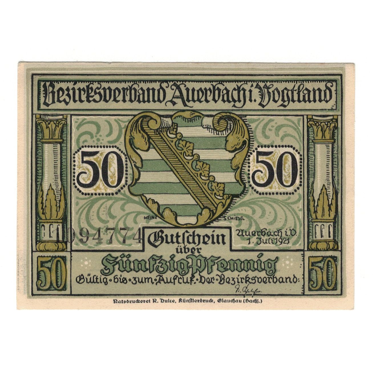 Banknote, Germany, Auerbach Amtshauptmannschaft, 50 Pfennig, personnage 6, 1921