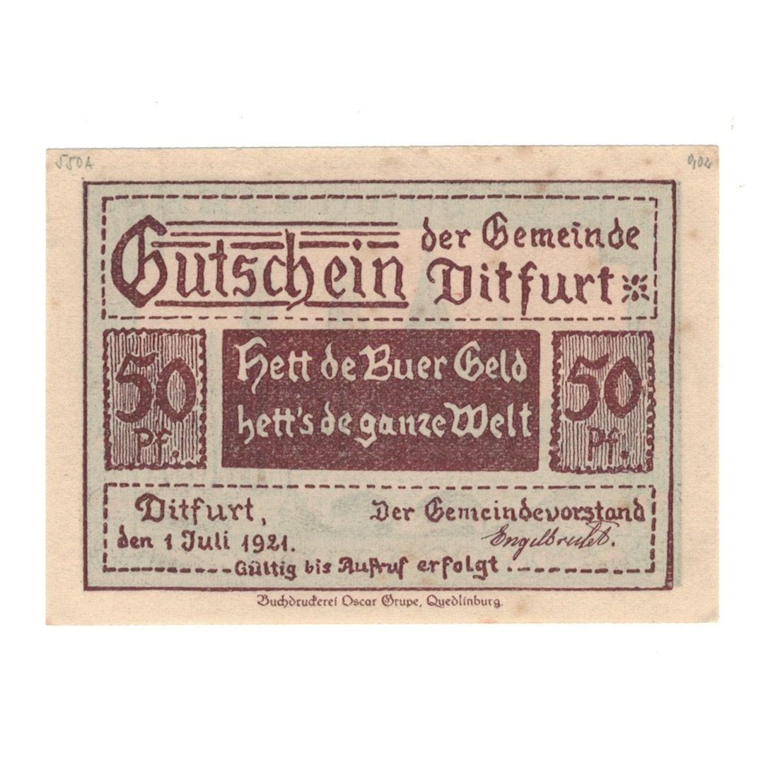 Biljet, Duitsland, Ditfurt Gemeinde, 50 Pfennig, paysage, 1921, 1921-07-01, SUP