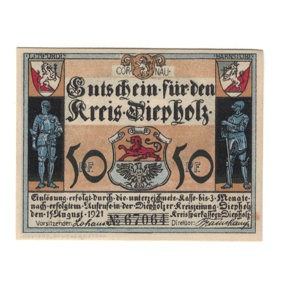 Biljet, Duitsland, Diepholz Kreis, 50 Pfennig, chevalier, 1921, 1921-08-01, SUP