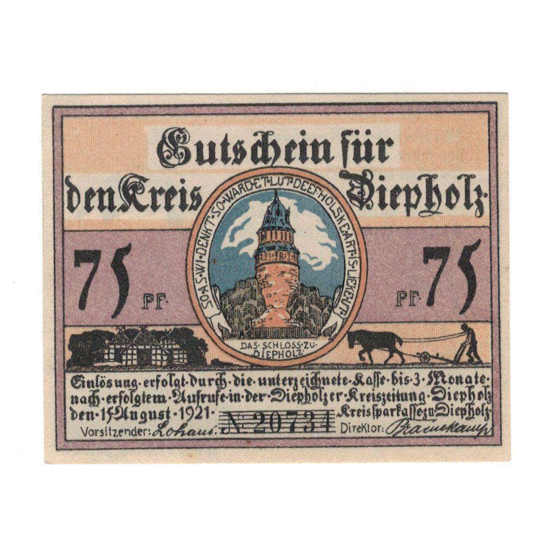 Geldschein, Deutschland, Diepholz Kreis, 75 Pfennig, Animaux, 1921, 1921-08-15