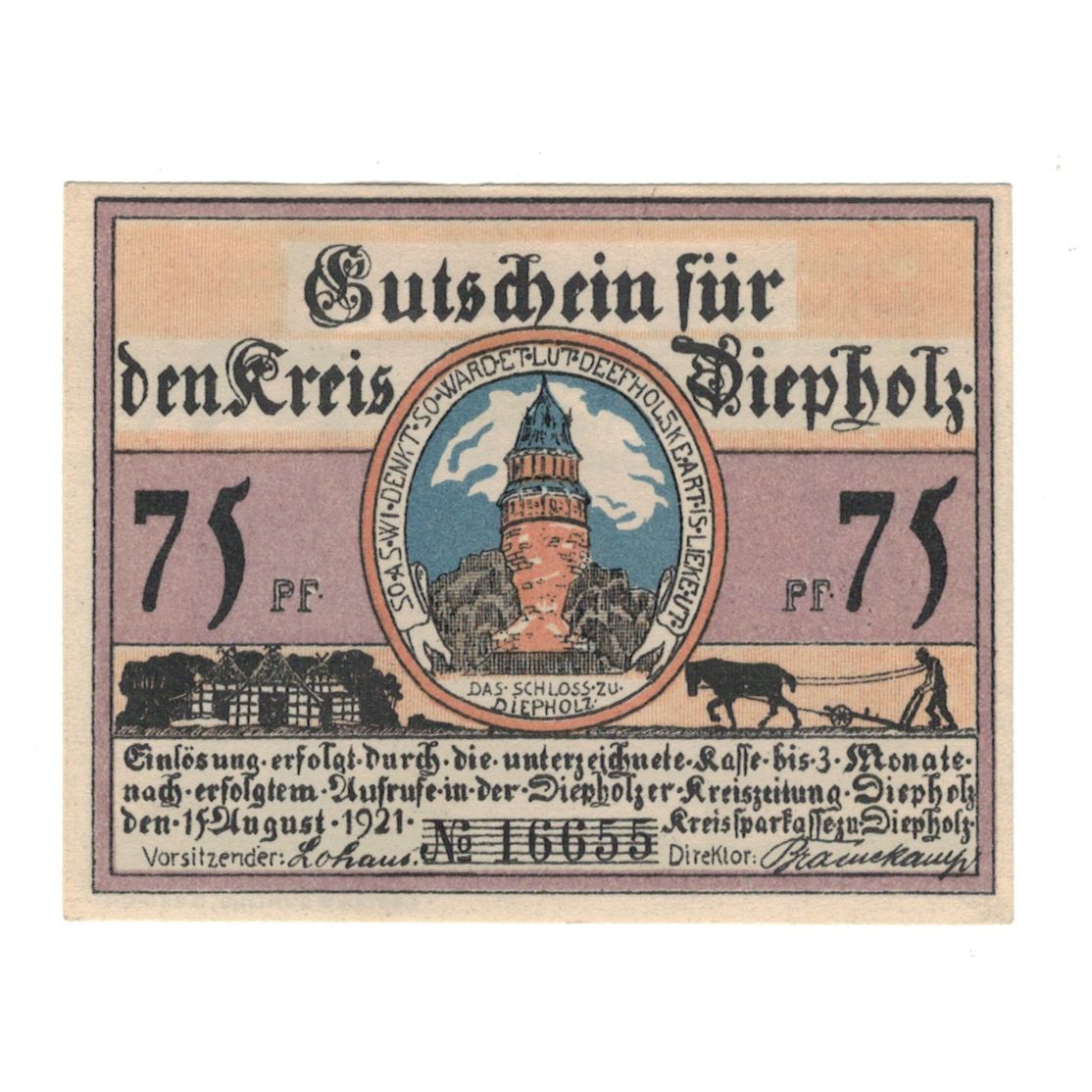 Banknote, Germany, Diepholz Kreis, 75 Pfennig, animaux 2, 1921, 1921-08-15